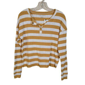 American Eagle Ribbed Knit Long Sleeve Top Casual Stripe Mustard Yellow White XS